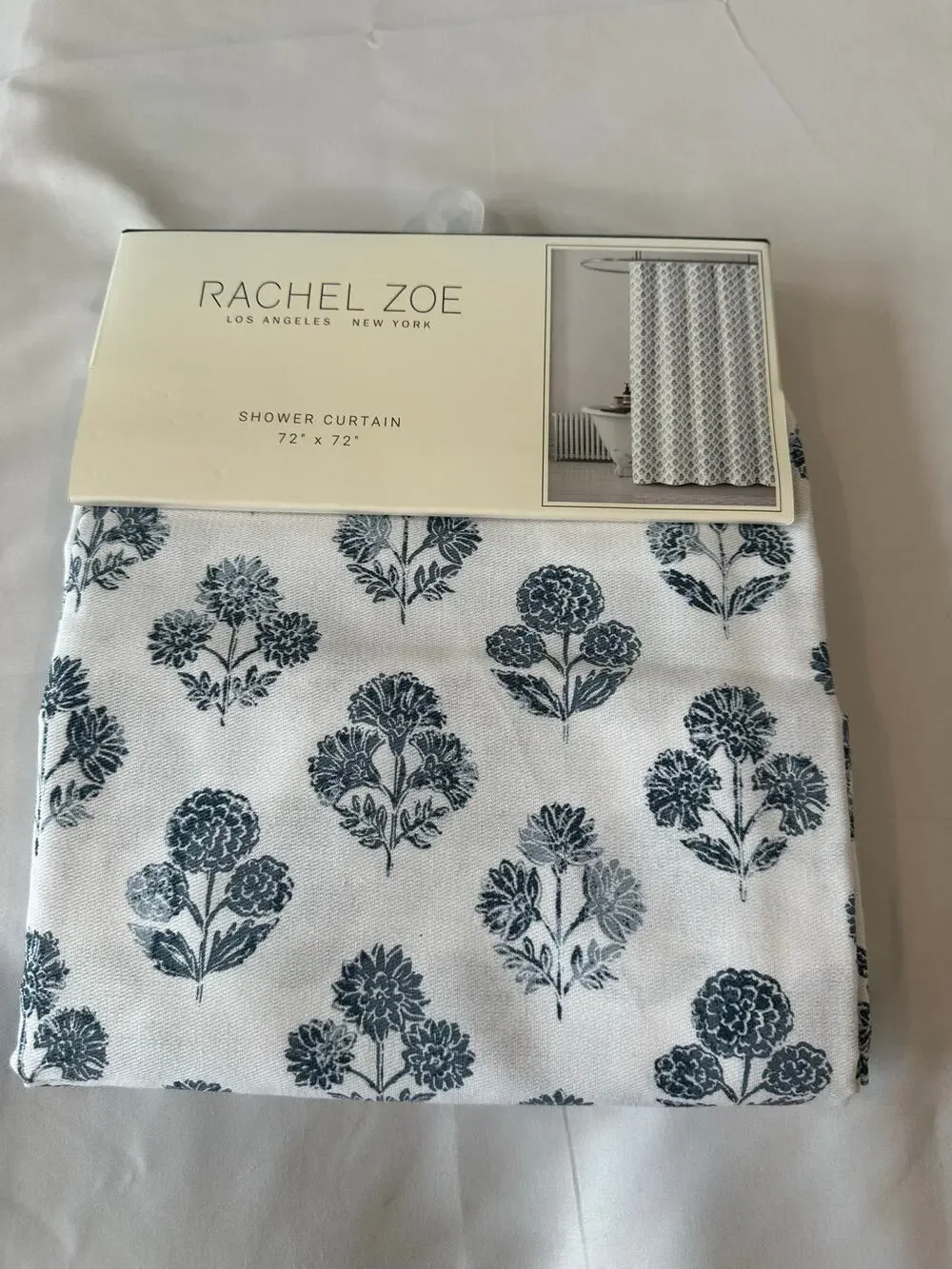 Rachel Zoe Shower Curtain Blue Floral Block Print Cottagecore Farmhouse 72x72